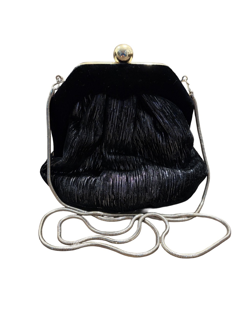 Vintage 90s Black Micro Pleated Velvet Evening Bag Clutch Gold Tone Frame